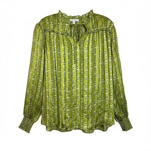 Maison d'Amelie‎ Green Floral Striped Long Sleeve Ruffle Neck Blouse L (3144
